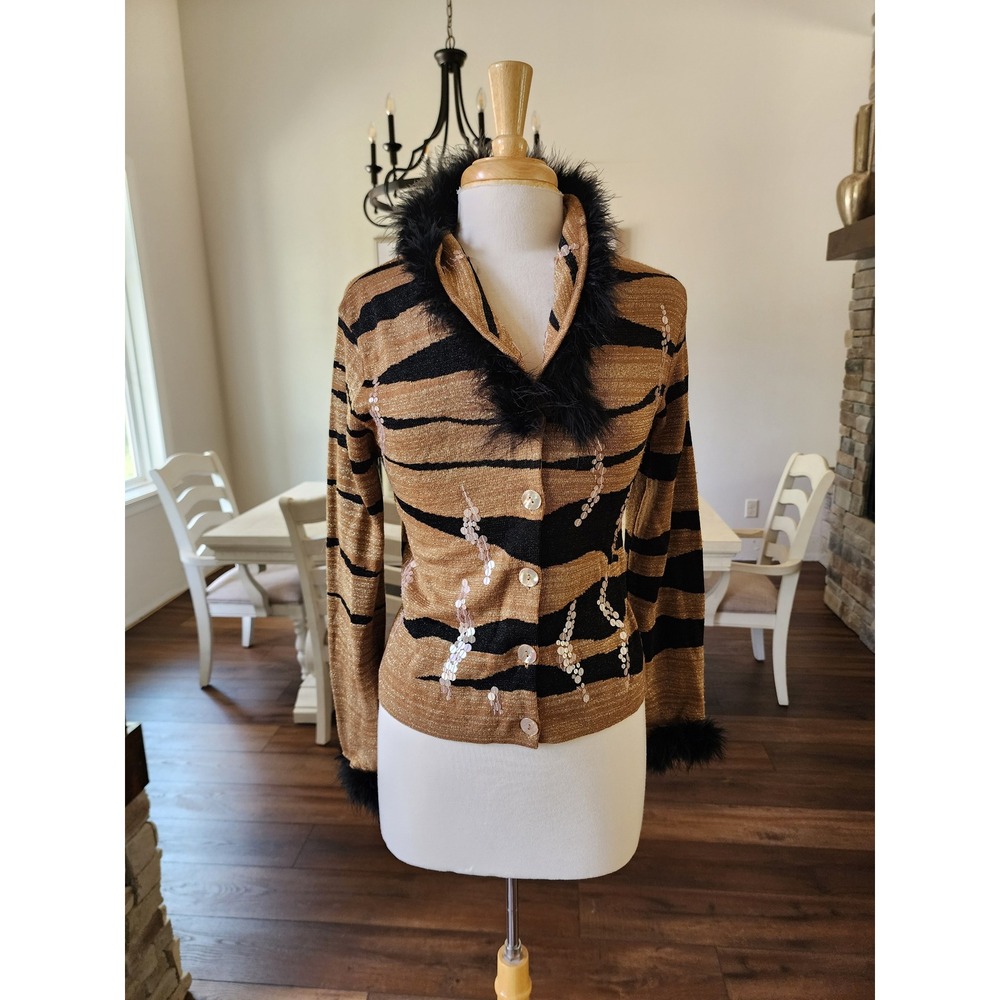 Ruby Cho Cardigan Sweater S Gold Black Fur Embellished Button‎ Down Artsy Zebra